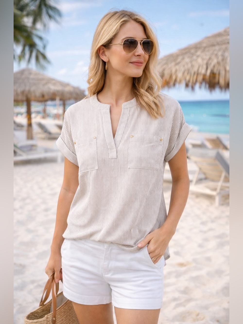 Jones New York Beige Striped Split-Neck Short-Sleeve Top